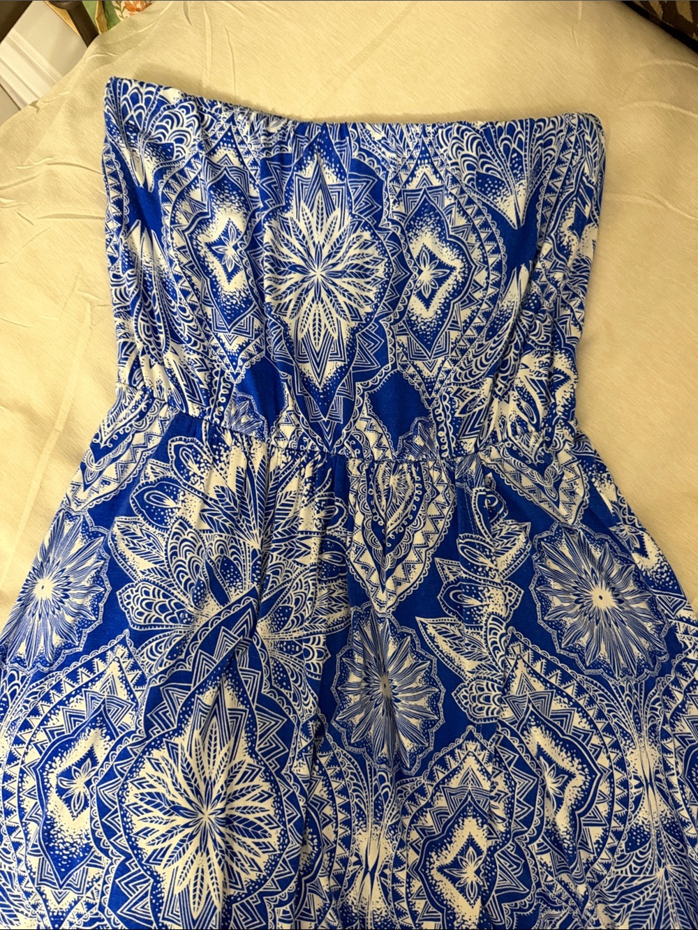 Felicity & Coco Royal Blue and White Printed Strapless Dress